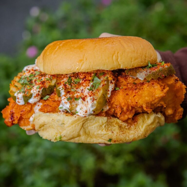 THE HOT CHICKEN a crispy chicken sandwich with hot chili oil, spicy dry rub, kosher pickles, house buttermilk-dill