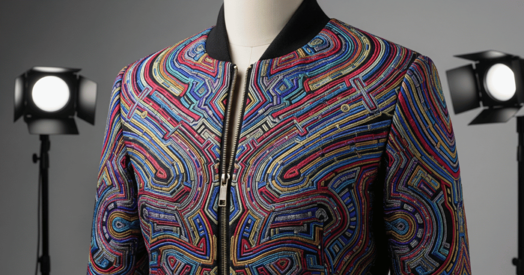 Embroidered jacket showcasing complex large-scale digitized design.