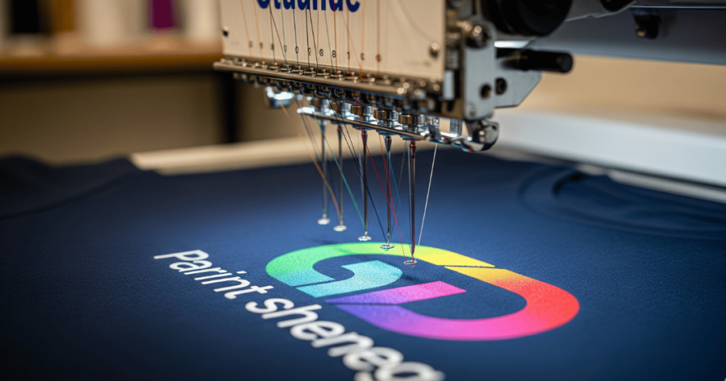 Embroidery machine stitching a digitized logo onto a custom t-shirt.